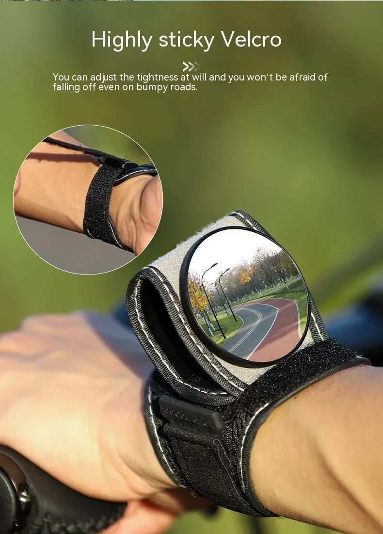 Black nylon bicycle rear-view mirror for wrist mounting during cycling