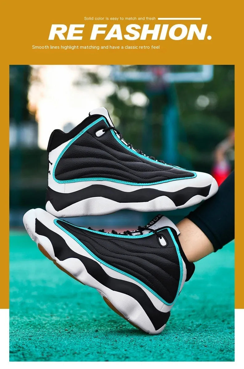 Men's high-top basketball shoes in AJ13 white red colour with mesh upper and rubber sole.