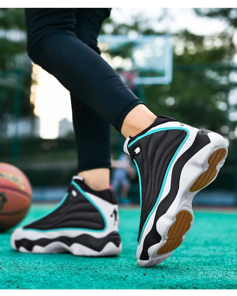 Men's high-top basketball shoes in AJ13 white red colour with mesh upper and rubber sole.