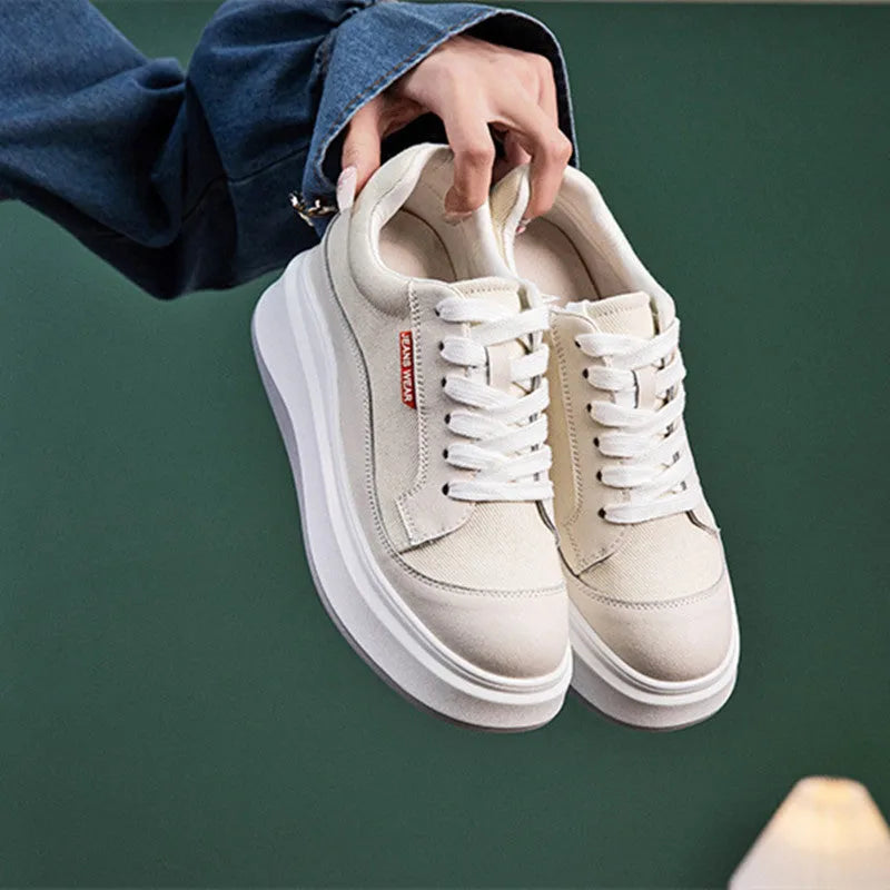 Women's beige leather platform shoes with thick sole design for height increase