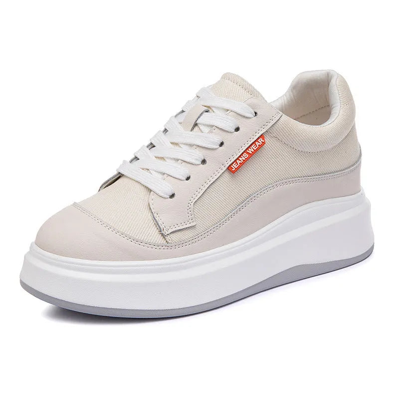 Women's beige leather platform shoes with thick sole design for height increase