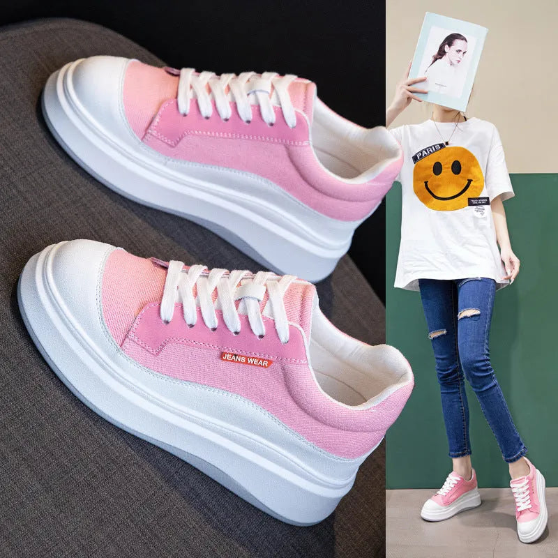 Women's beige leather platform shoes with thick sole design for height increase