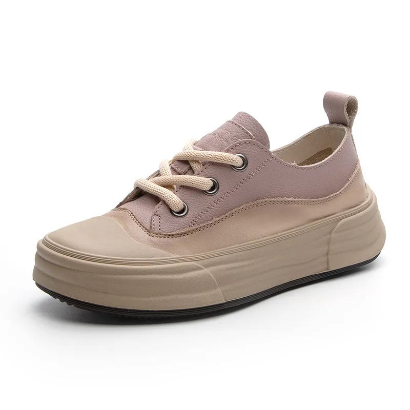 Women's leather platform sneakers in matcha, purple, and orange colours with round toe and lace-up front.