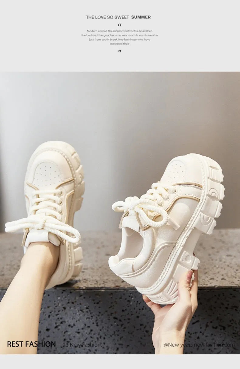 Women's beige leather casual shoes with muffin bottom design and rubber foam soles