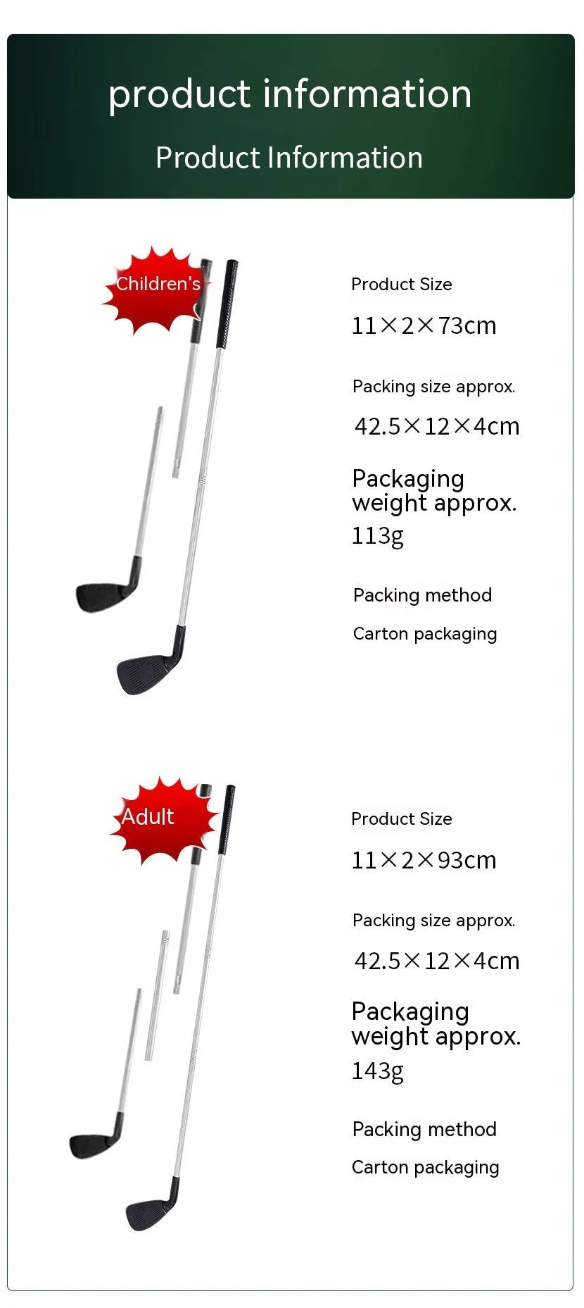 Metal golf club set showing adult and children's clubs for backyard practice