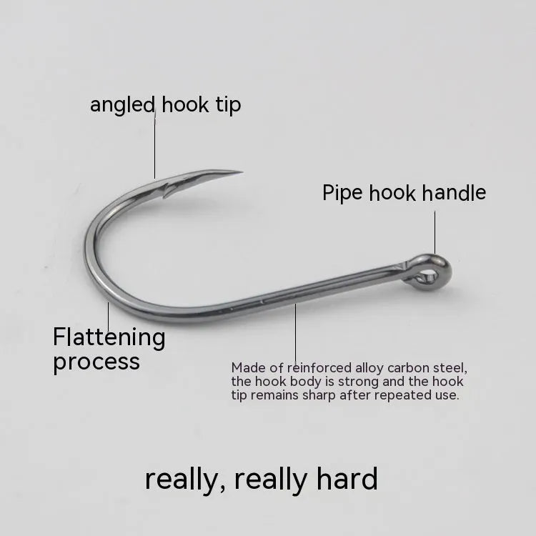 Barbed fishing hooks with crooked mouth and hole ring in alloy carbon steel for rock and sea fishing