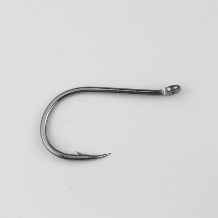 Barbed fishing hooks with crooked mouth and hole ring in alloy carbon steel for rock and sea fishing