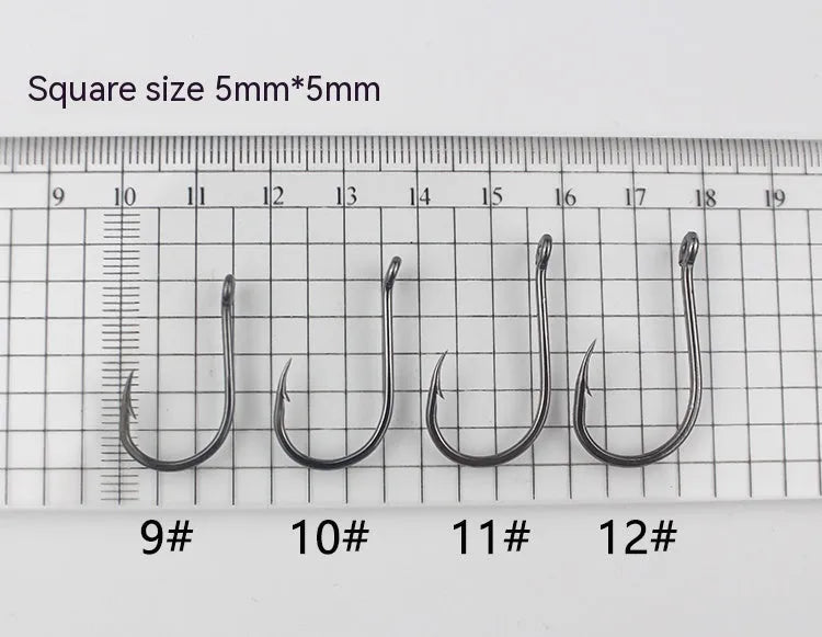 Barbed fishing hooks with crooked mouth and hole ring in alloy carbon steel for rock and sea fishing