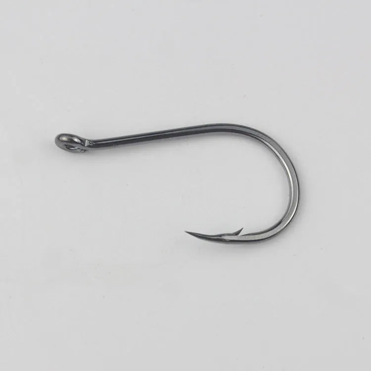Barbed fishing hooks with crooked mouth and hole ring in alloy carbon steel for rock and sea fishing