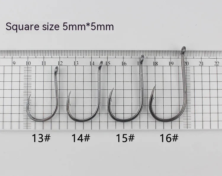 Barbed fishing hooks with crooked mouth and hole ring in alloy carbon steel for rock and sea fishing