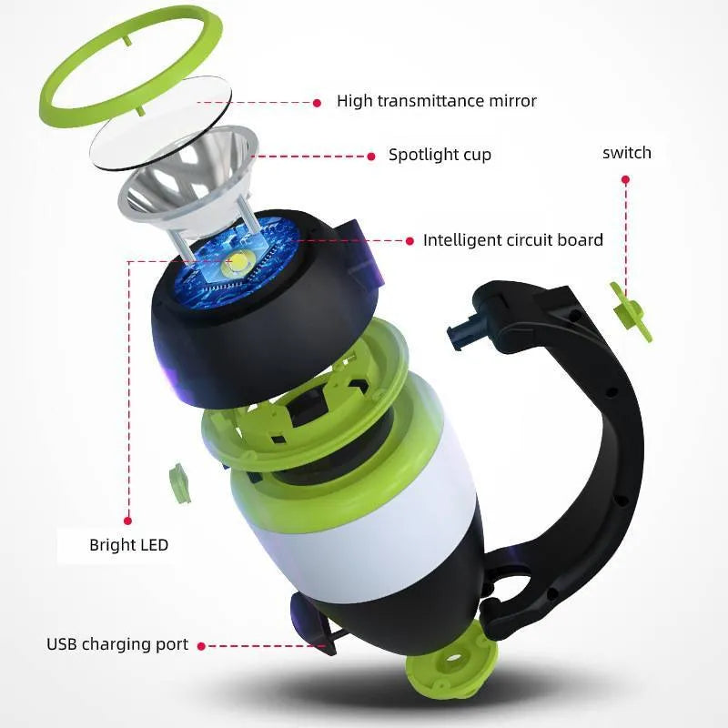 Black Green multifunctional LED tent lamp with adjustable head and USB charging port