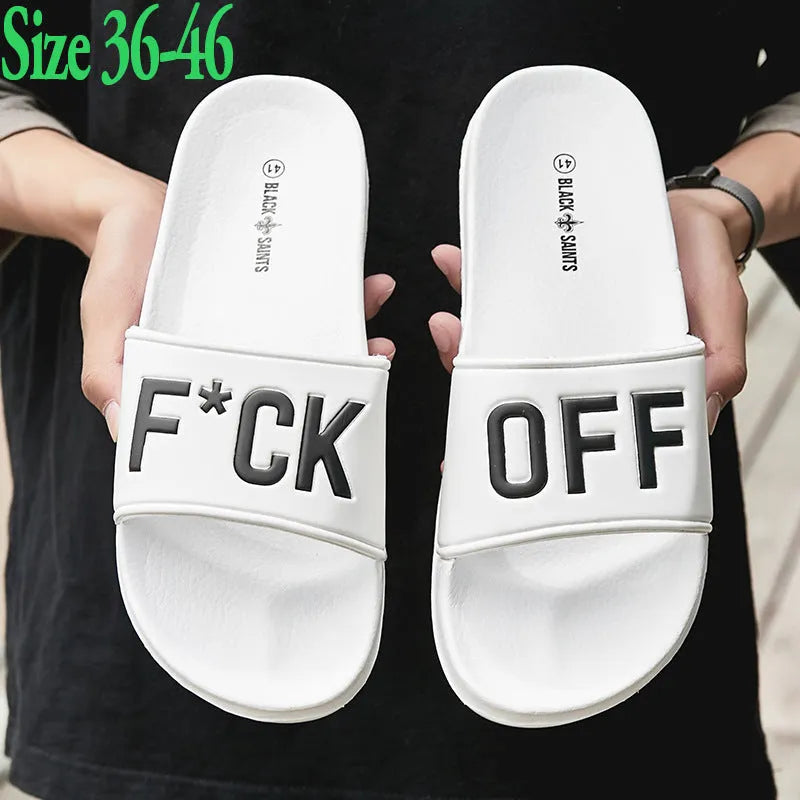 Men's black open-toe slippers with rubber sole showing size range from 36 to 46