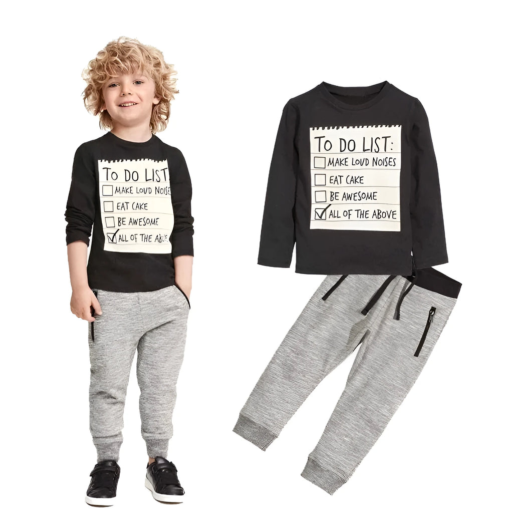 Boys cotton two-piece clothing set with long sleeves and pants featuring letter pattern