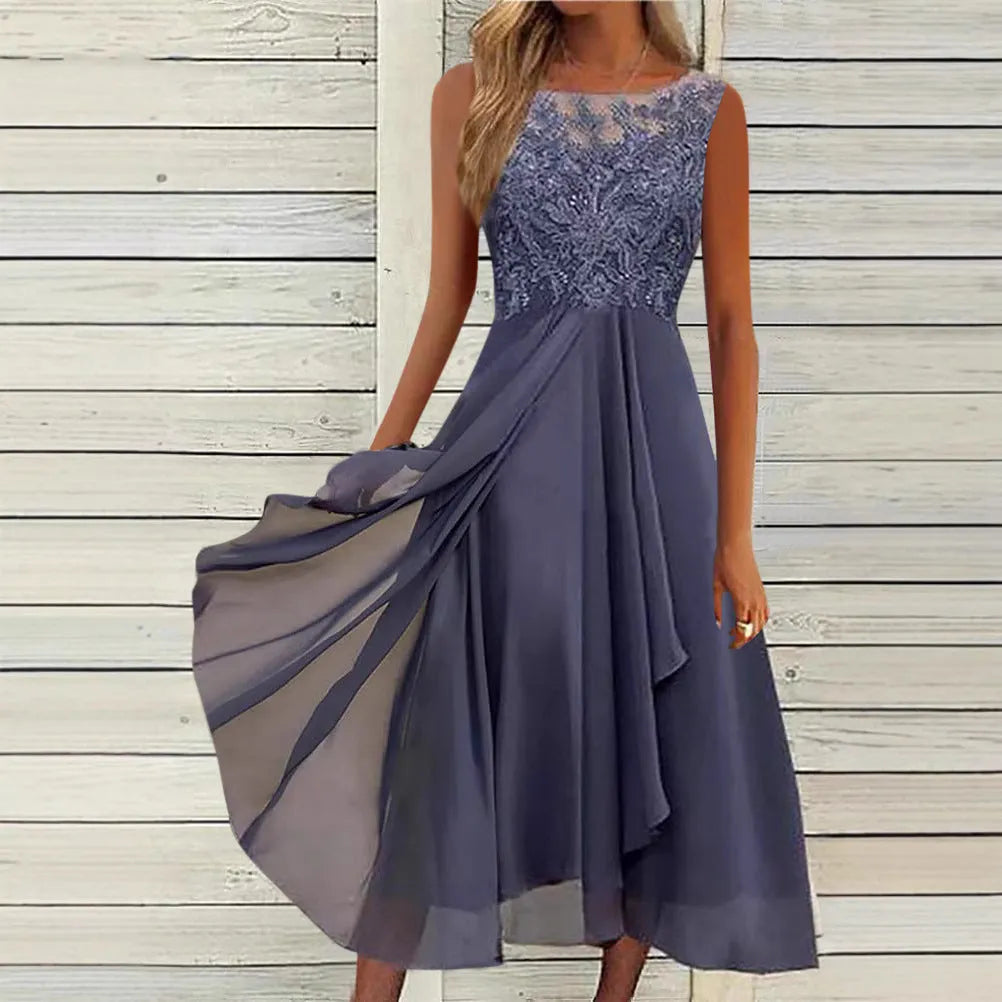 Women's sleeveless chiffon dress with lace hollow-out detail in blue, shown mid-length.