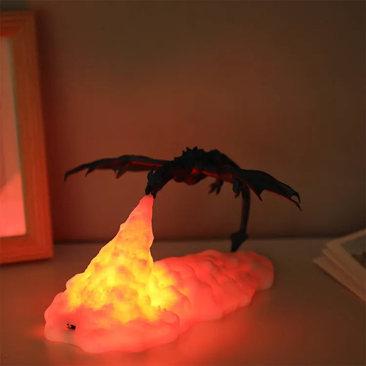 3D printed fire-breathing dragon night light with warm red breathing illumination effect