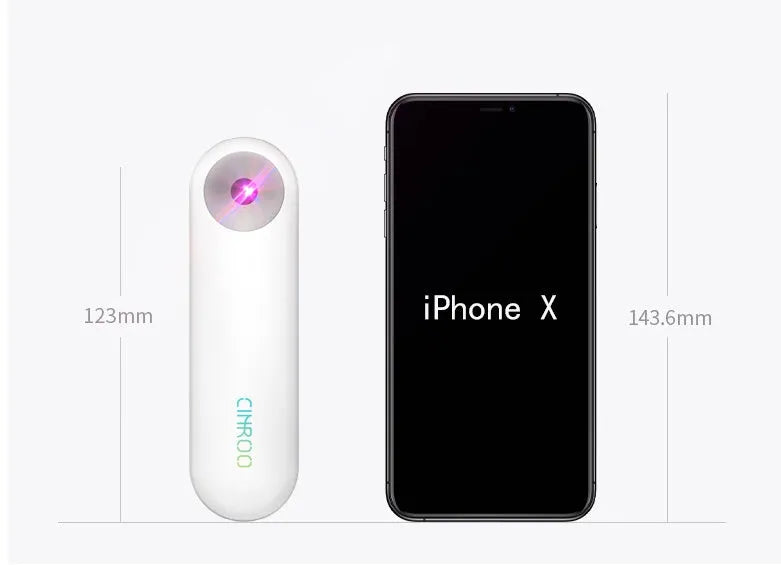 White Spot portable ultraviolet steriliser lamp showing compact dimensions next to a mobile phone for scale.