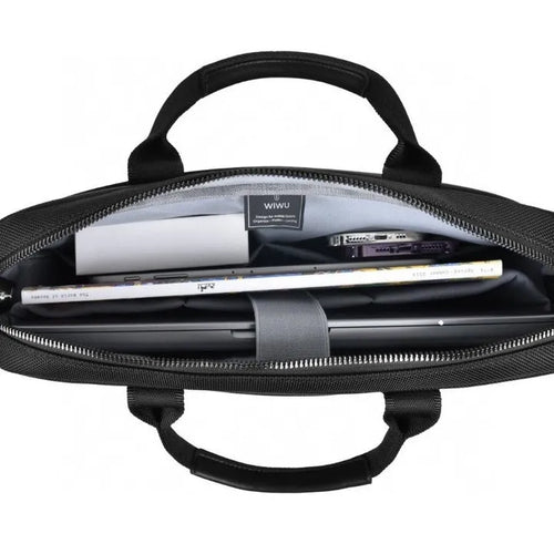 Black Oxford cloth laptop backpack with multiple front pockets and a padded computer compartment.