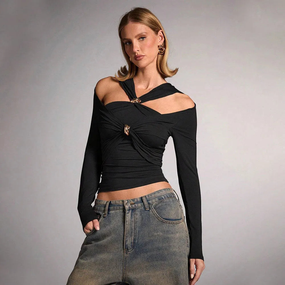 Black women's halter neck top with long sleeves and slim fit silhouette