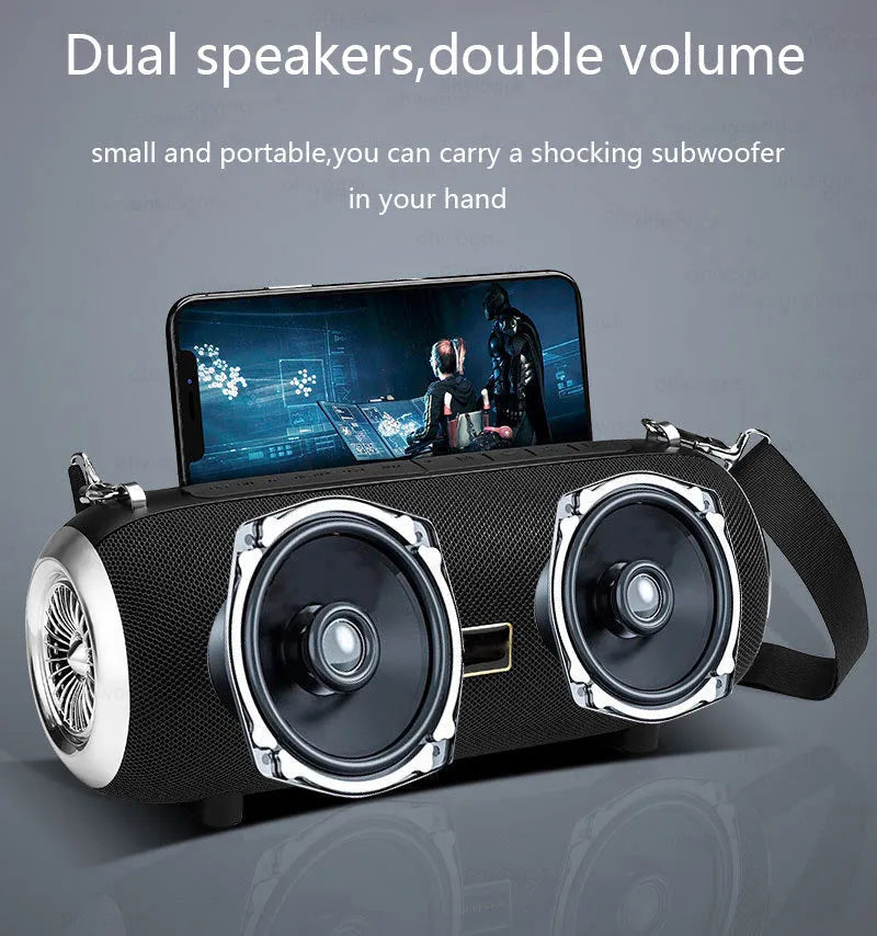 F666 portable mini Bluetooth speaker in fabric casing with shoulder strap, showing colour options.