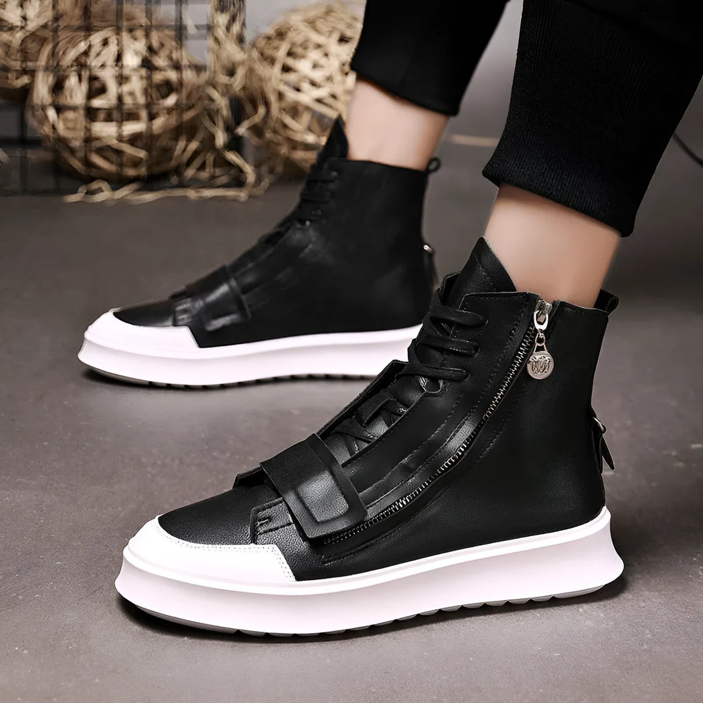 Black and white men's high-top ankle boots made from PU leather and microfiber for winter wear.