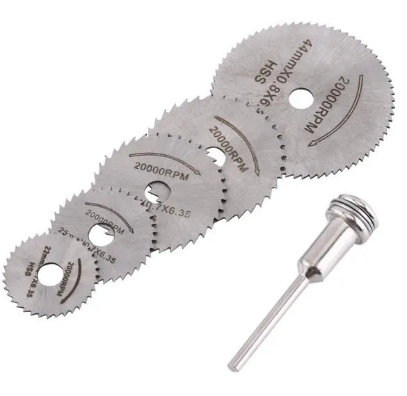 Six circular saw blades with high-speed steel construction showing different diameters from 10-25mm