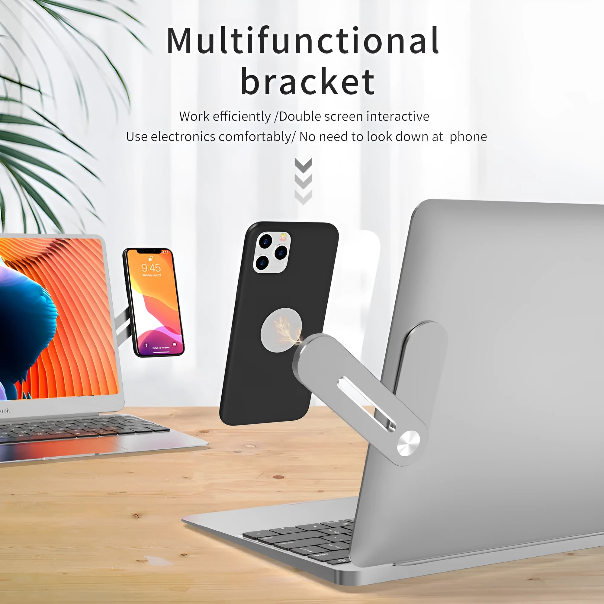 Aluminium alloy laptop side mount bracket holding a smartphone, shown in silver, black, and rose gold colours.