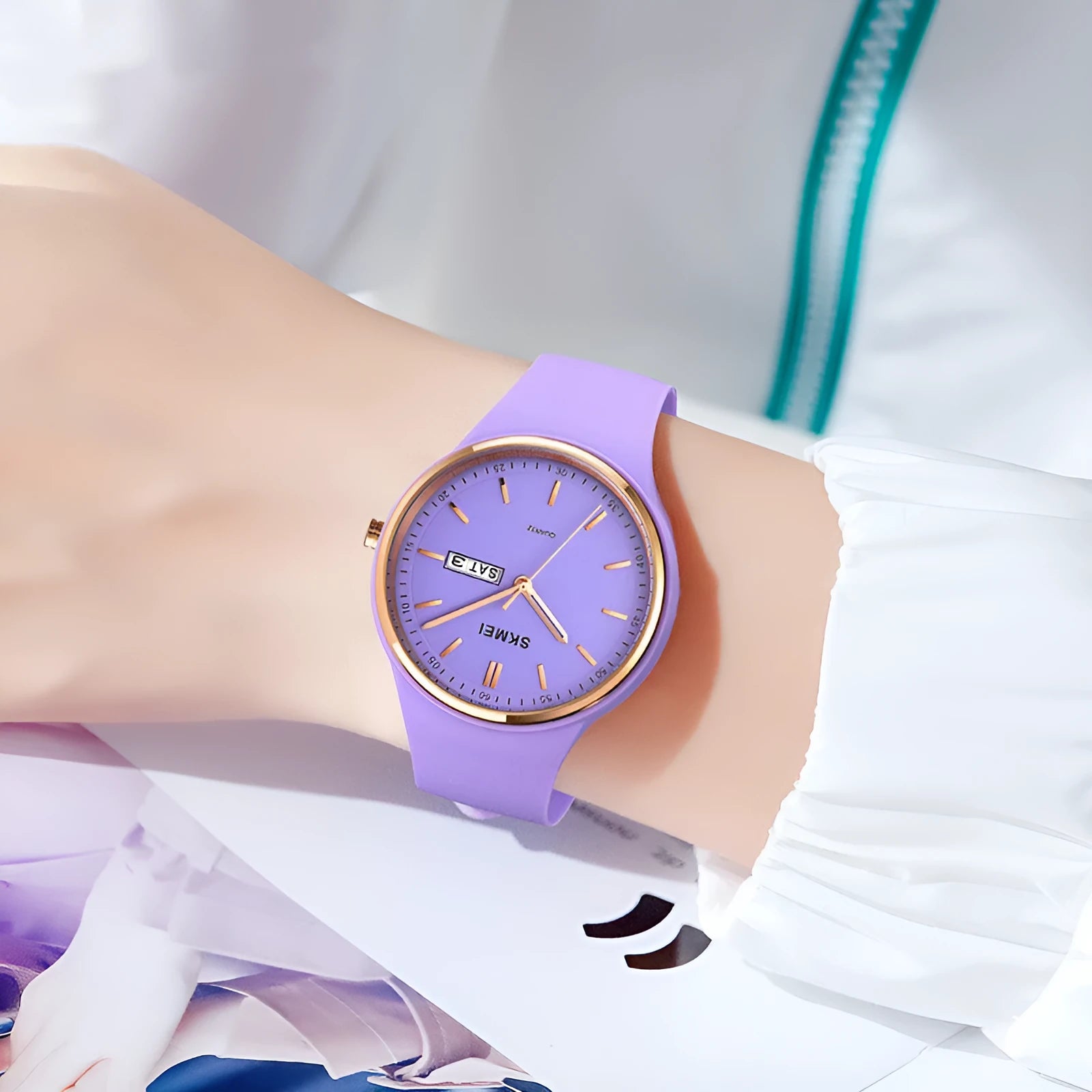 Women's silicone strap quartz calendar watch with 42mm dial showing six colour options