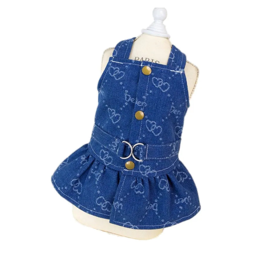 Small dog wearing thin denim princess dress with bracket skirt design for spring or autumn weather