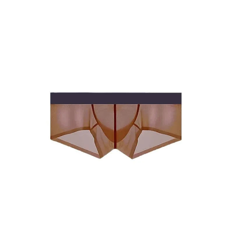 Men's seamless low waist ice silk underwear in chocolate colour showing ultra-thin fabric texture