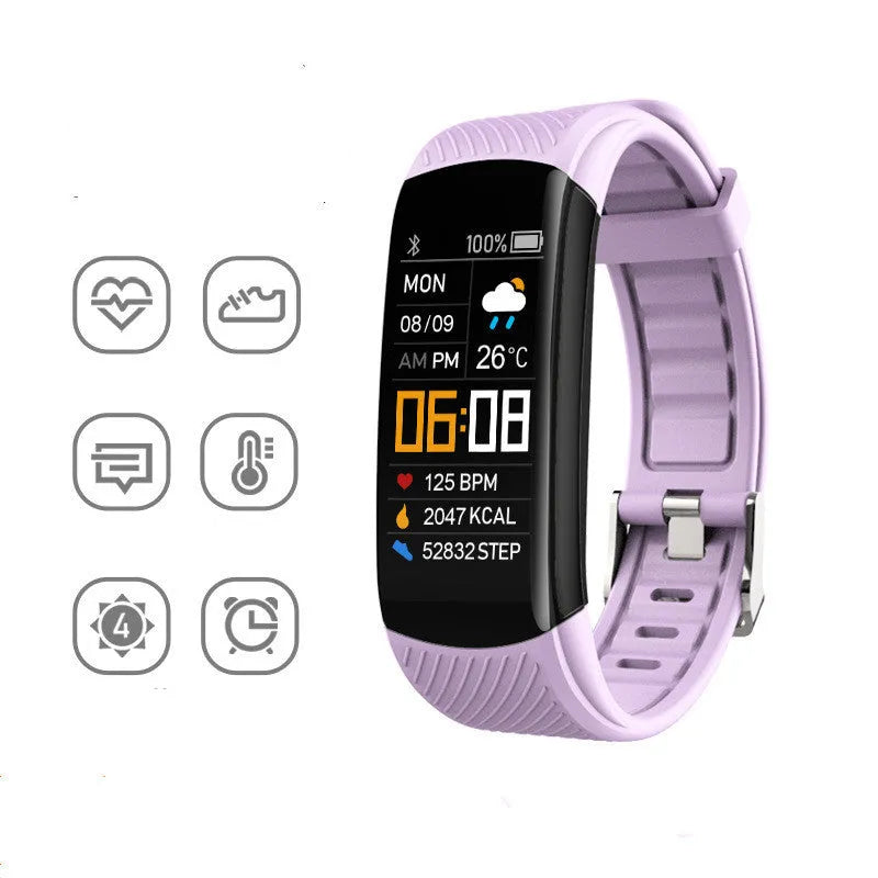 Black waterproof smart fitness tracker bracelet with 0.96-inch screen on a wrist