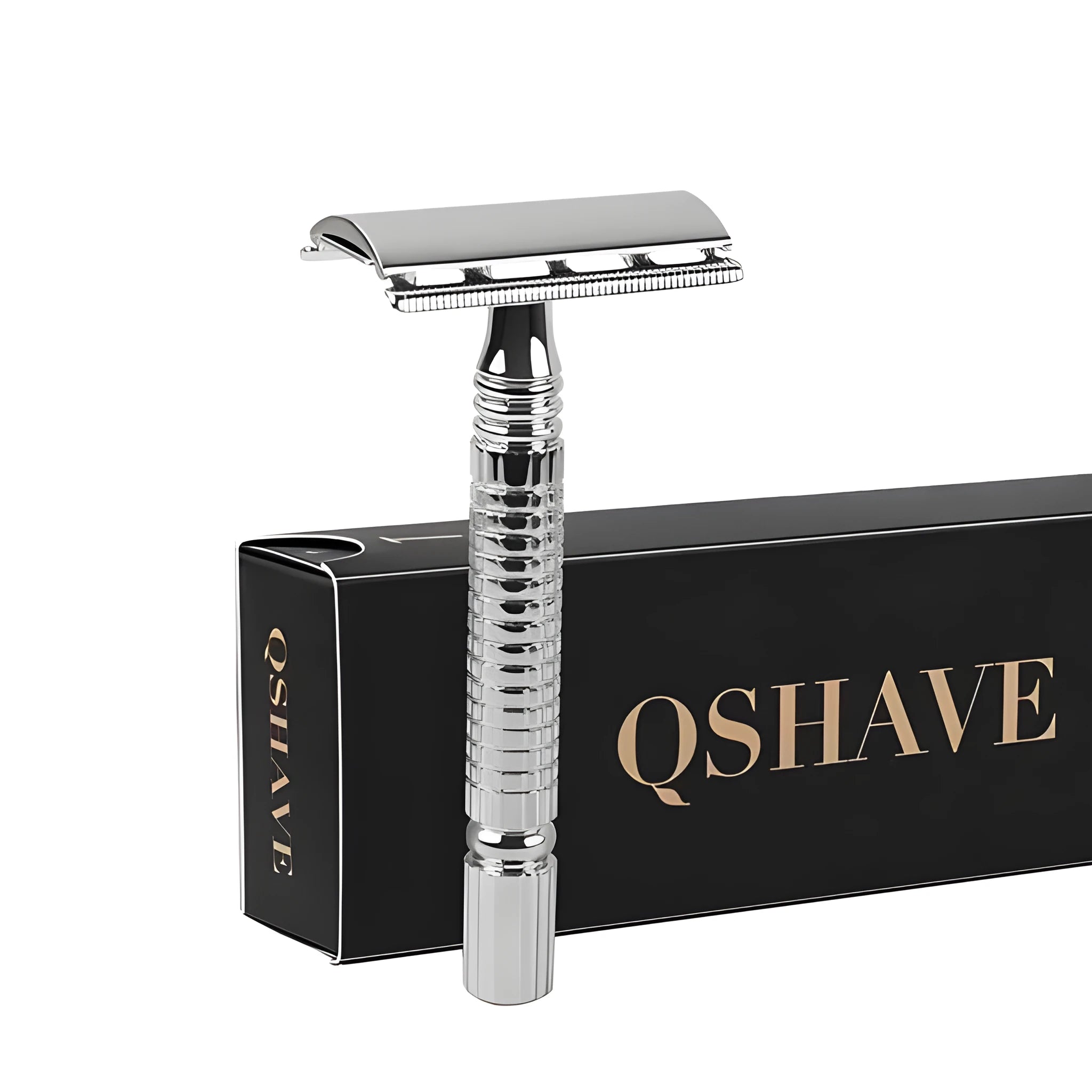 Double-edged safety razor with butterfly-opening head and chrome-plated handle in storage box