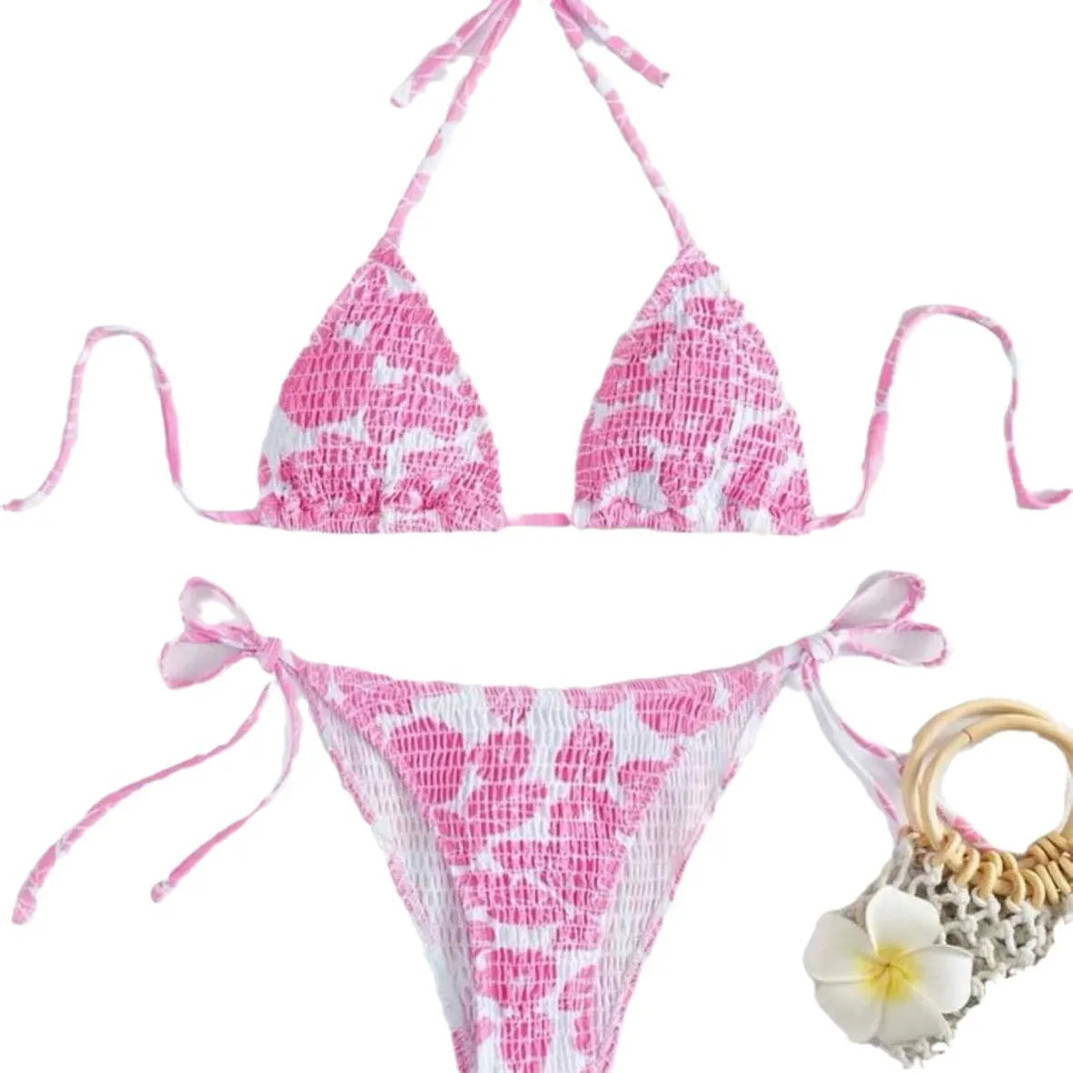 Women's floral pattern halter swimsuit briefs in polyester fabric showing colour options