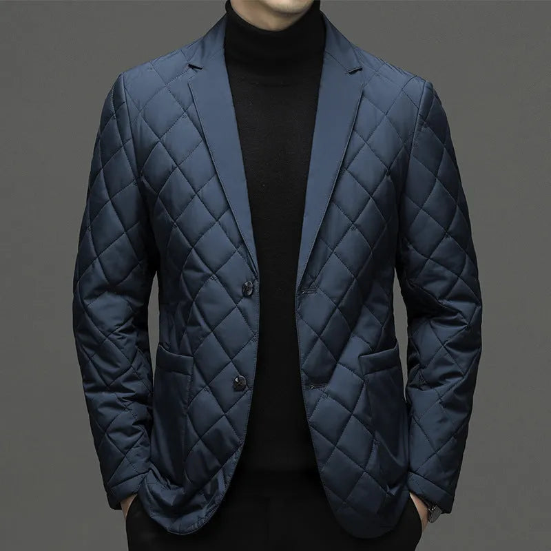 Men's solid colour lapel collar winter down jacket shown in cardigan style.