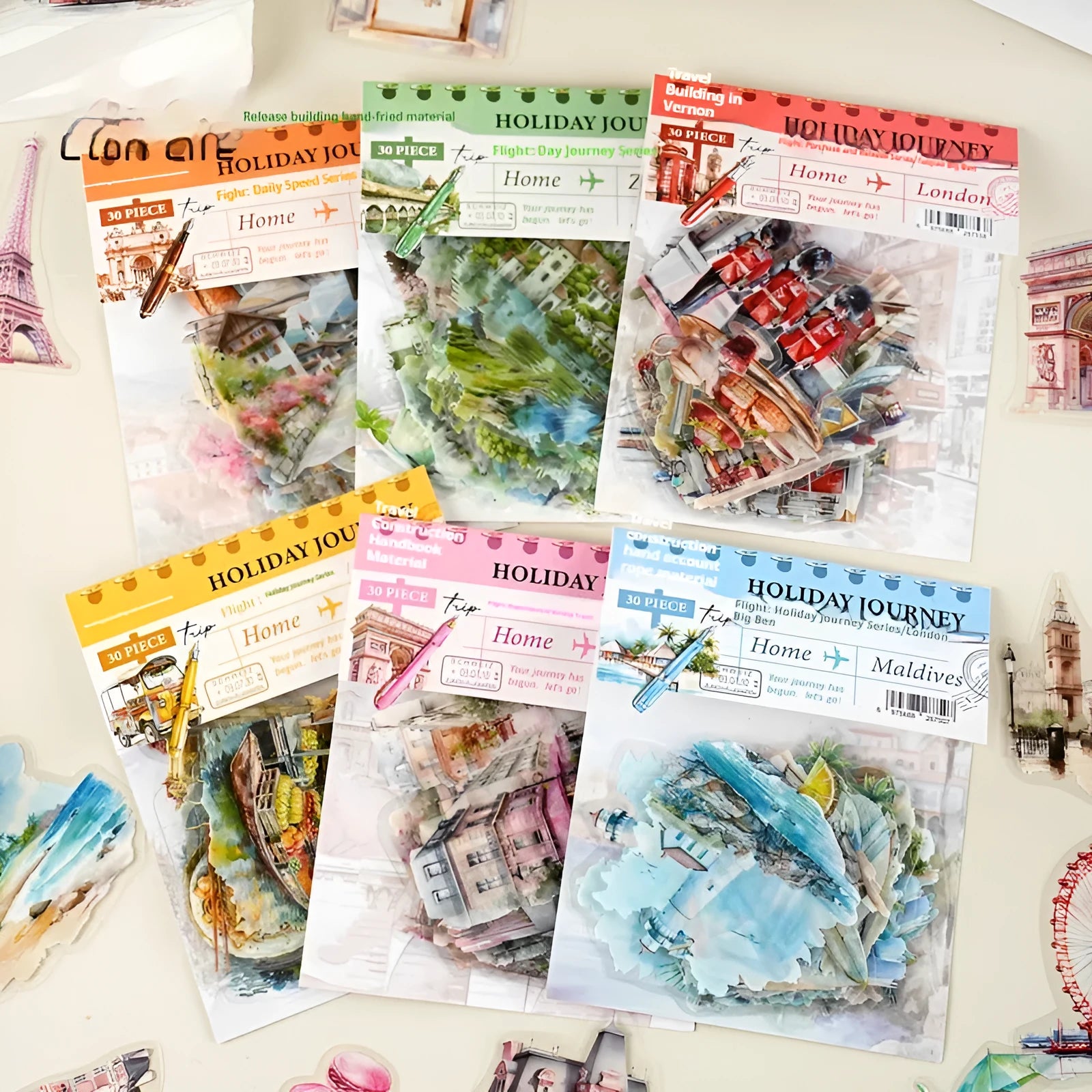 Retro architecture journal sticker set showing seven global landmark designs including Paris Arc de Triomphe and London Big Ben