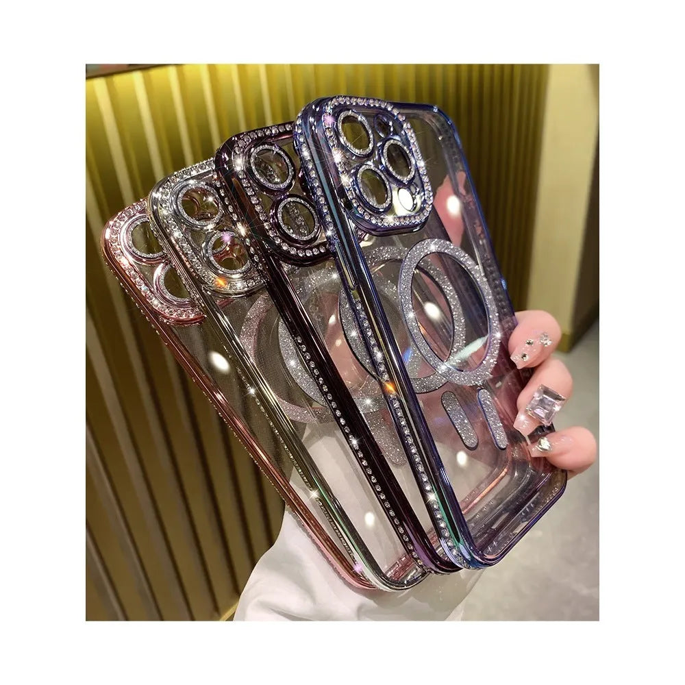 Wireless magnetic iPhone case with electroplated finish in deep purple, rose gold, space silver, and yuanfeng blue