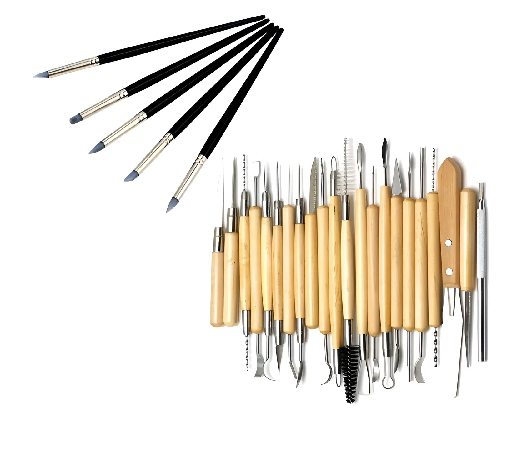 27-piece pottery clay tool set with stainless steel, wooden, and plastic tools rolled in a protective case.
