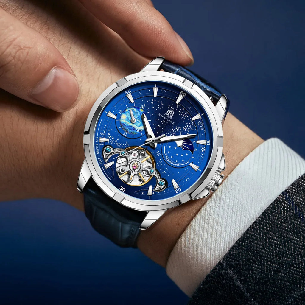 Blue men's fully automatic mechanical wristwatch with 14mm thickness