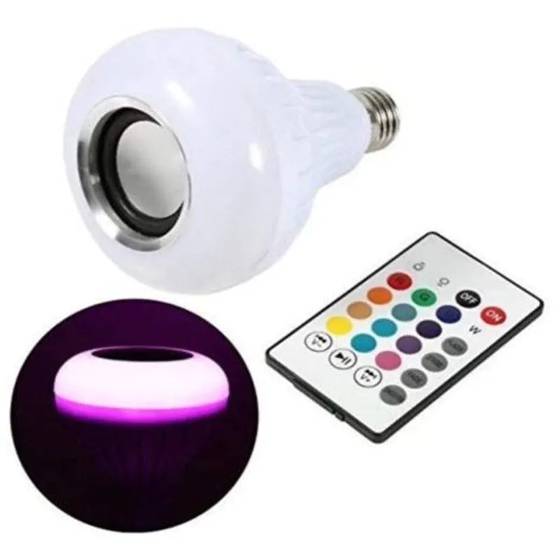 White smart LED bulb with Bluetooth speaker and remote control showing E27 screw base