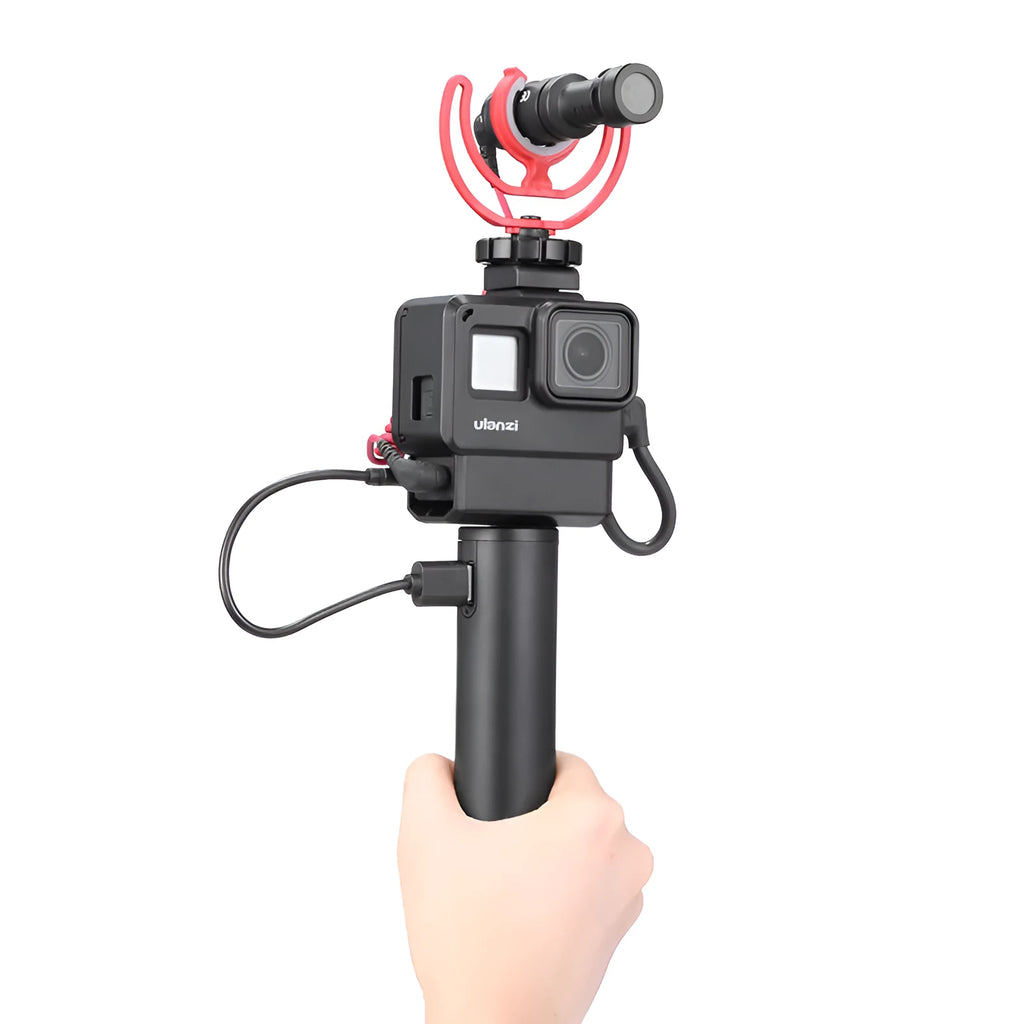 Black aluminium alloy portable power bank with an integrated handle, showing front view with scale.