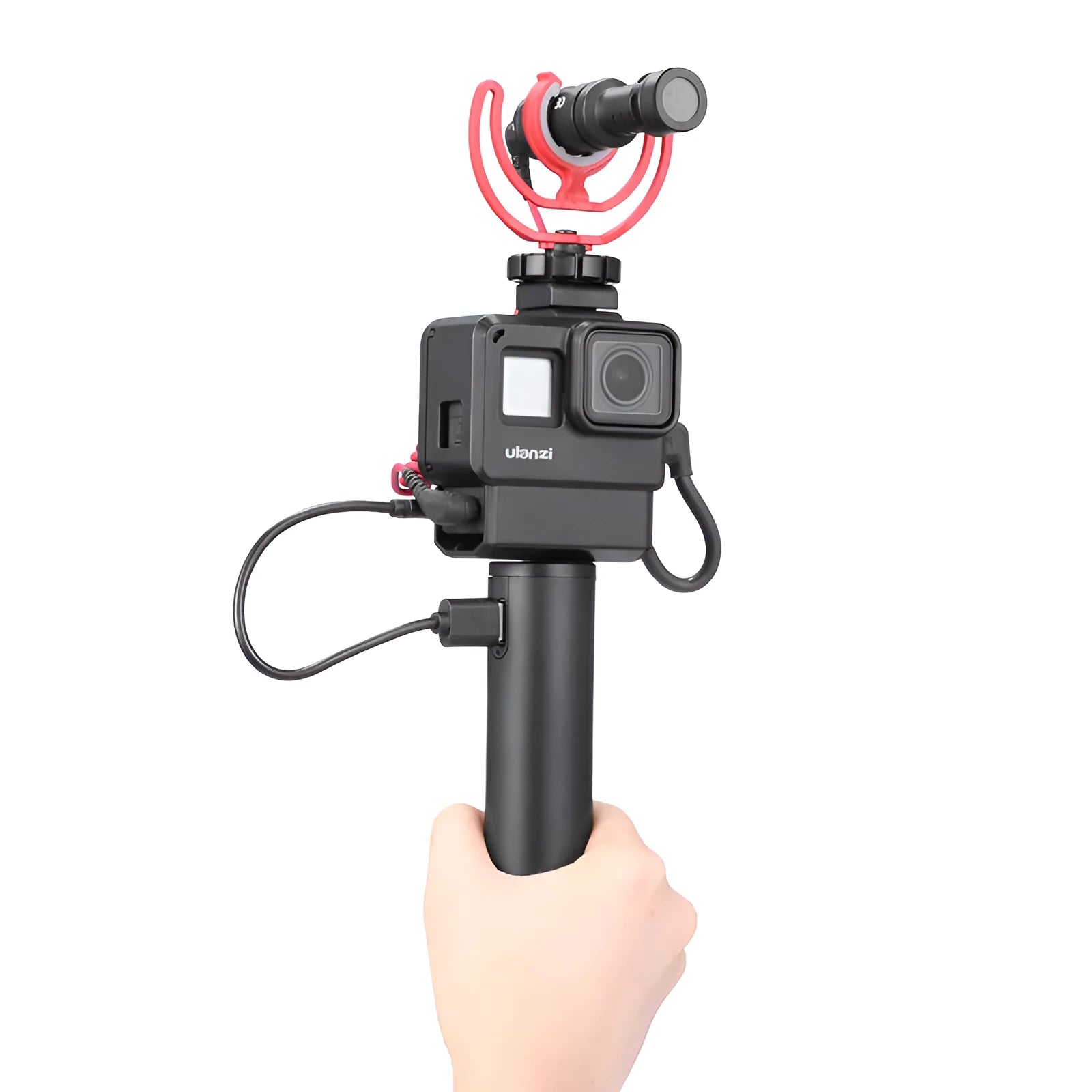 Black aluminium alloy portable power bank with an integrated handle, showing front view with scale.