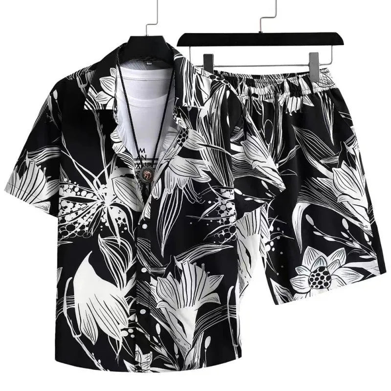 Men's digital print casual suit with short sleeve cardigan and matching shorts in polyester.