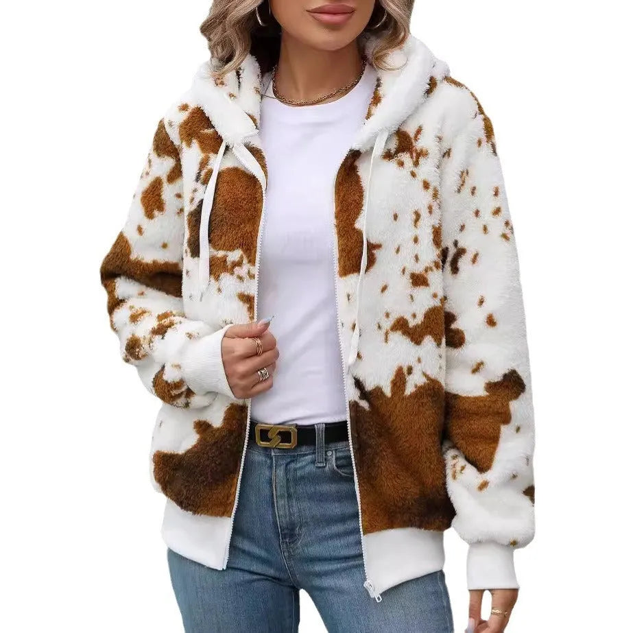 Yellow brown cow animal print hooded cardigan jacket with zipper and regular sleeves