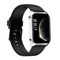 Black or silver smart watch with 1.69 inch screen showing heart rate display on silicone wristband