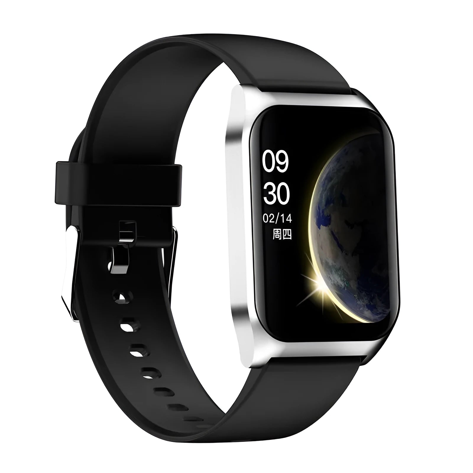 Black or silver smart watch with 1.69 inch screen showing heart rate display on silicone wristband