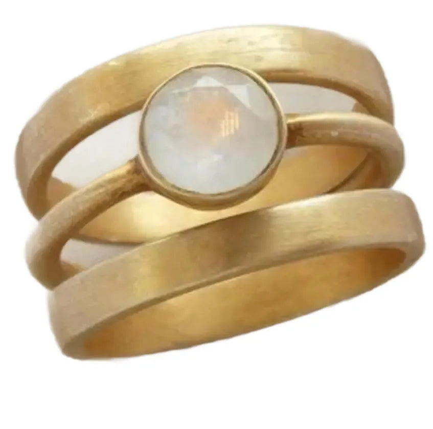 Gold-plated geometric ring with hollow construction and micro-inlaid white chalcedony detailing