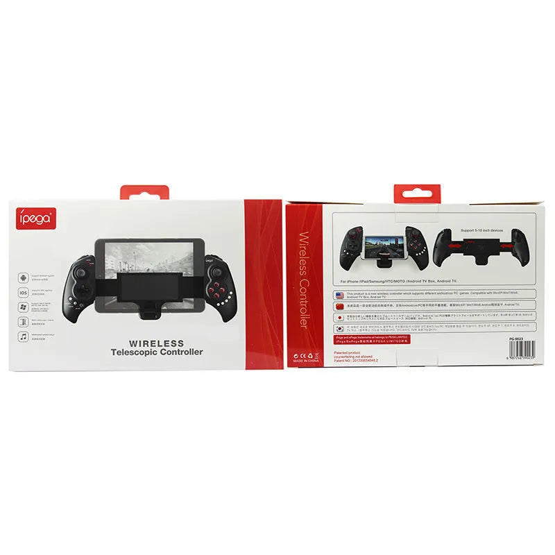 Wireless telescopic gamepad controller extended with smartphone showing ABS construction and control buttons