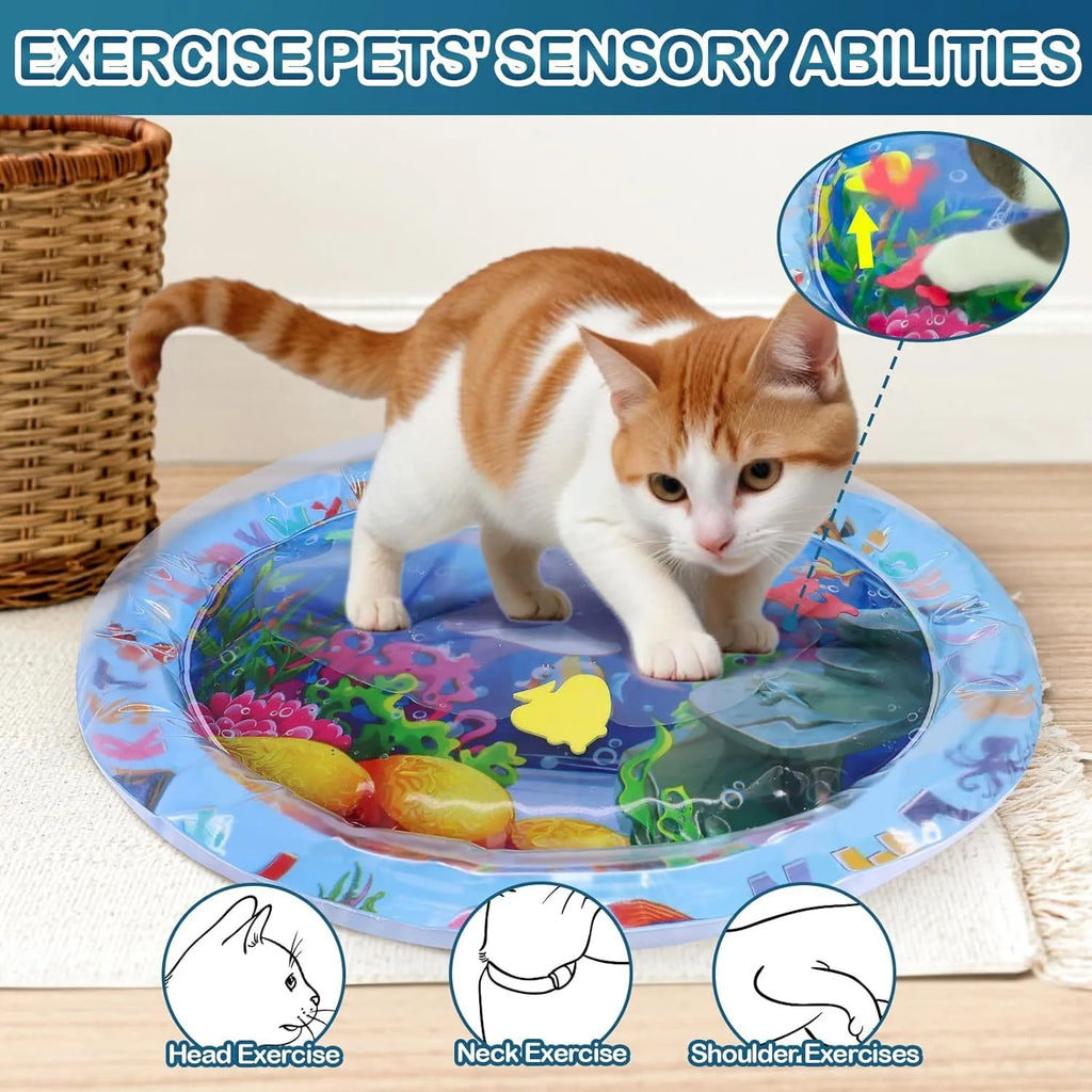 Thickened PVC water sensory playmat for cats with ocean fish design and floating toys