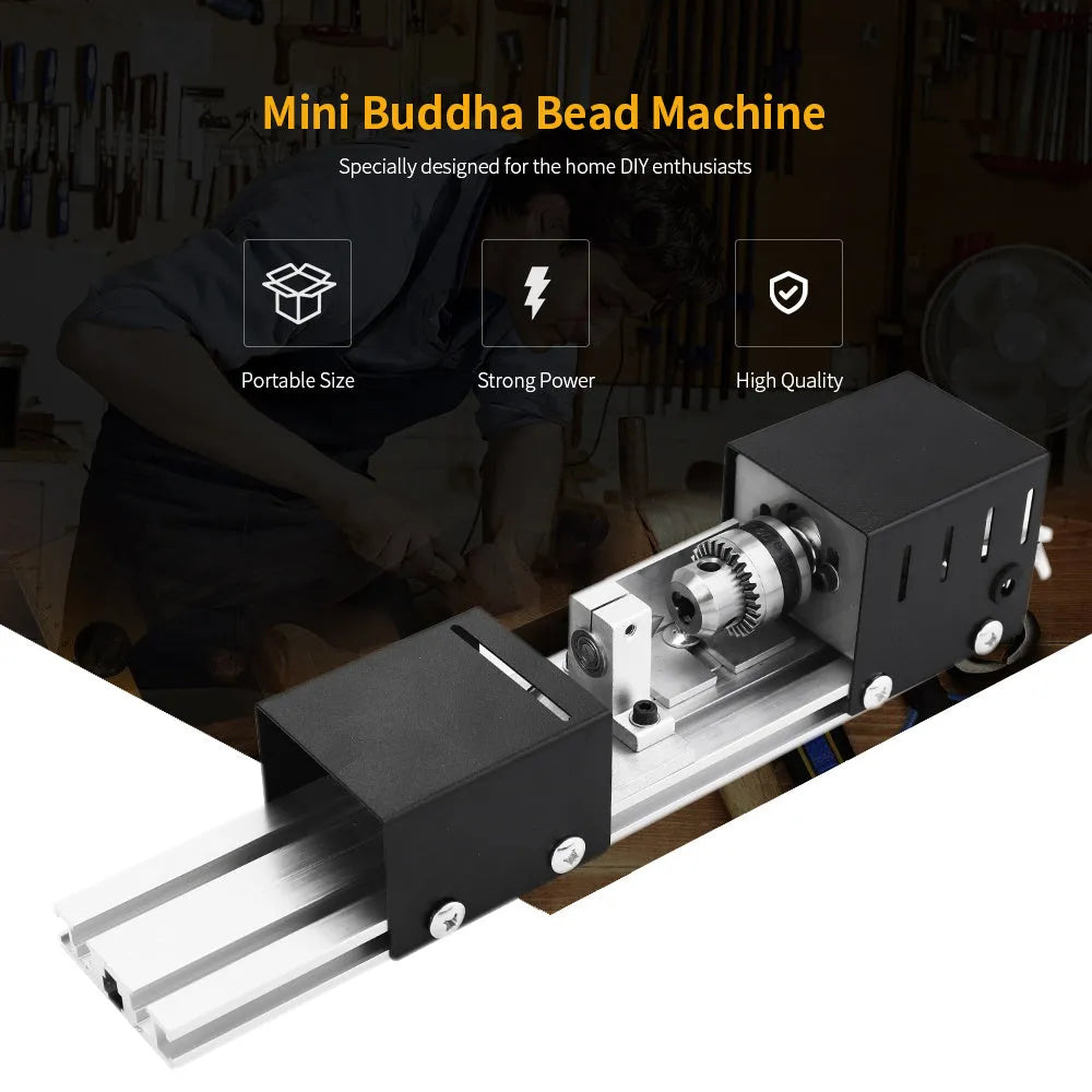 Mini metal woodworking lathe with carving knives on workbench
