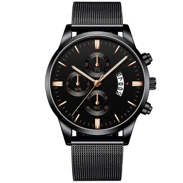 Men's stainless steel mesh band quartz watch with analogue dial and decorative subdials.