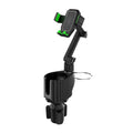 Green and grey car drink rack with integrated mobile phone holder, model A02, made from ABS/PC plastic